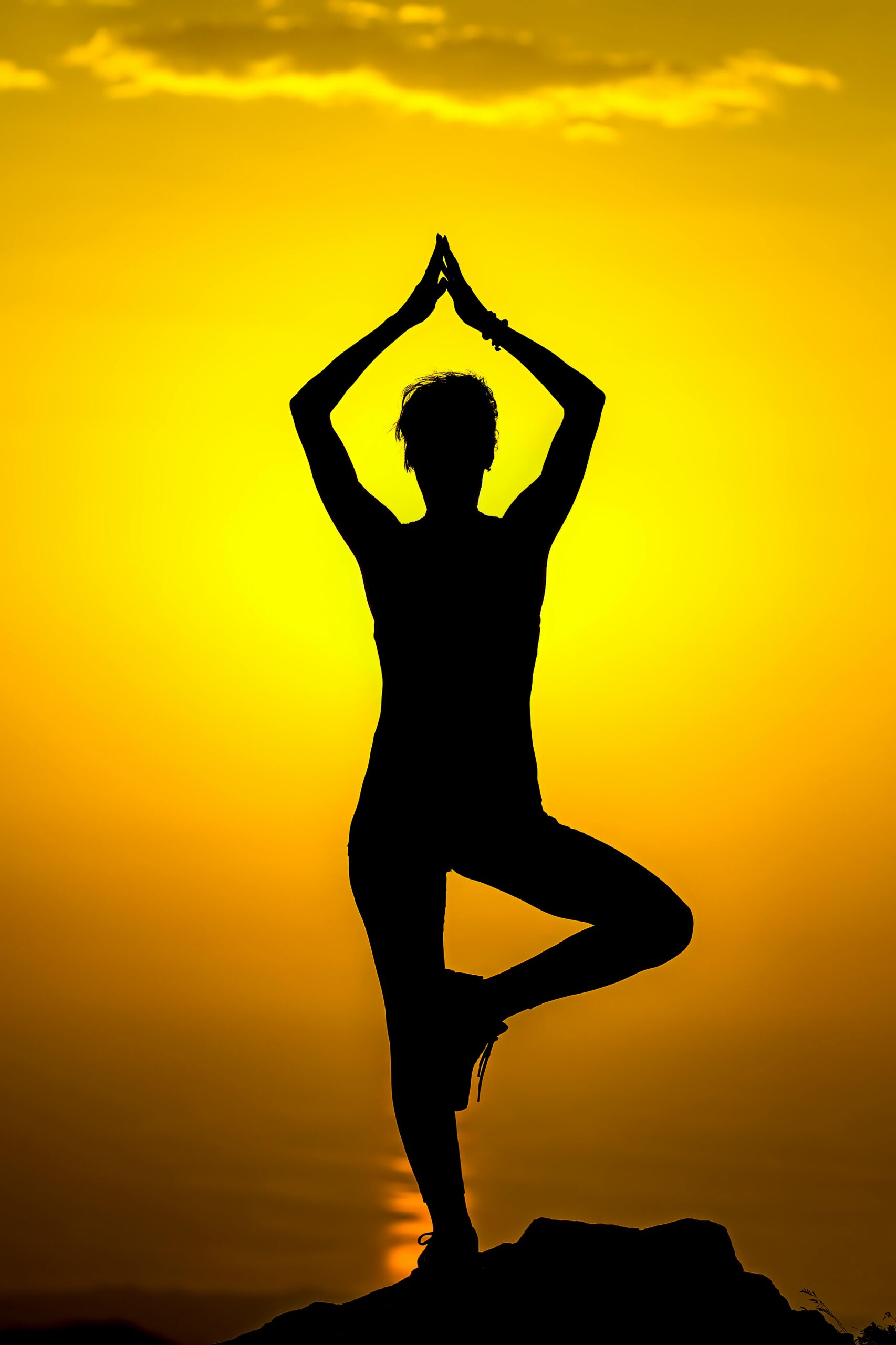Services A serene silhouette of a woman in a yoga pose against a vibrant sunset sky.